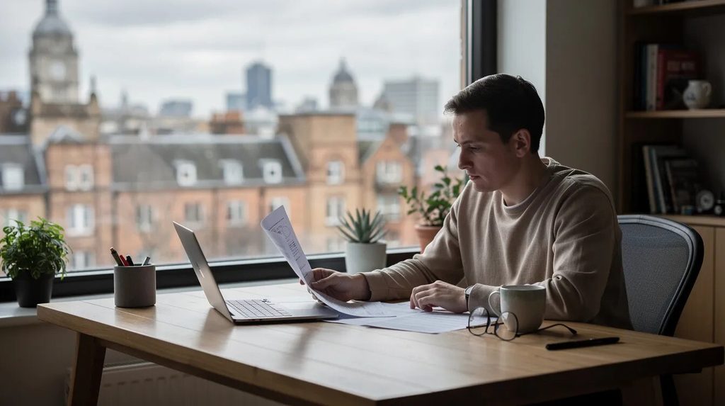 A person is seated at a desk in a home office, reviewing essential documents and preparing for a skilled worker visa application within the UK.