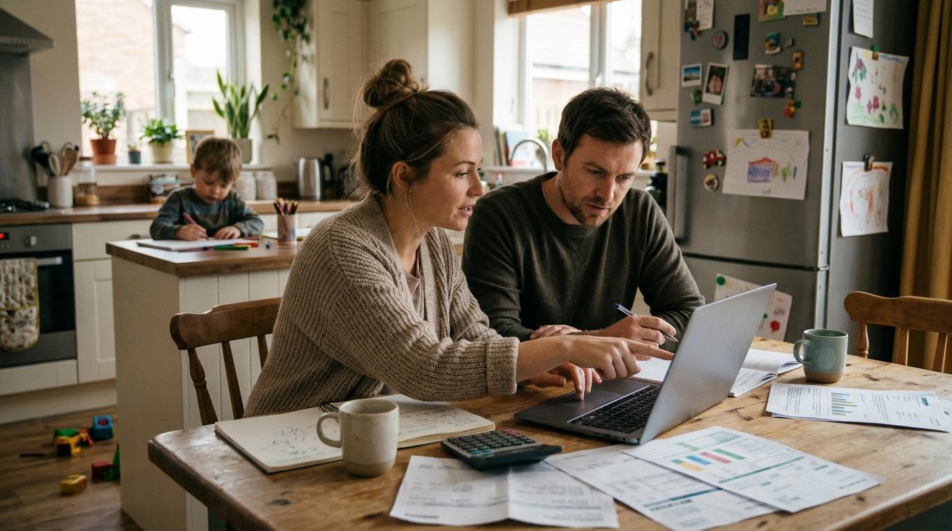 Parents reviewing financial documents and maintenance funds for a UK child dependant visa application.