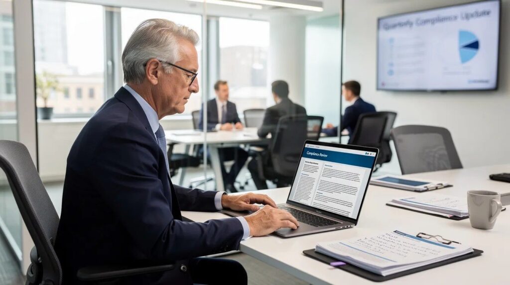 A senior professional is focused on reviewing compliance documents on a laptop in a modern UK office, ensuring compliance with authorising officer sponsor licence duties.
