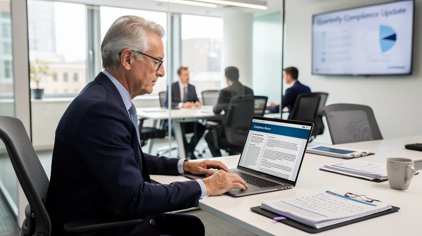 A senior professional is focused on reviewing compliance documents on a laptop in a modern UK office, ensuring compliance with authorising officer sponsor licence duties.