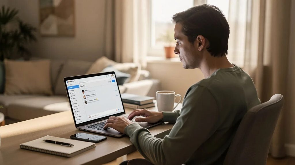 A focused individual sits at home, checking their email on a laptop while preparing for important correspondence regarding their UK visa application.