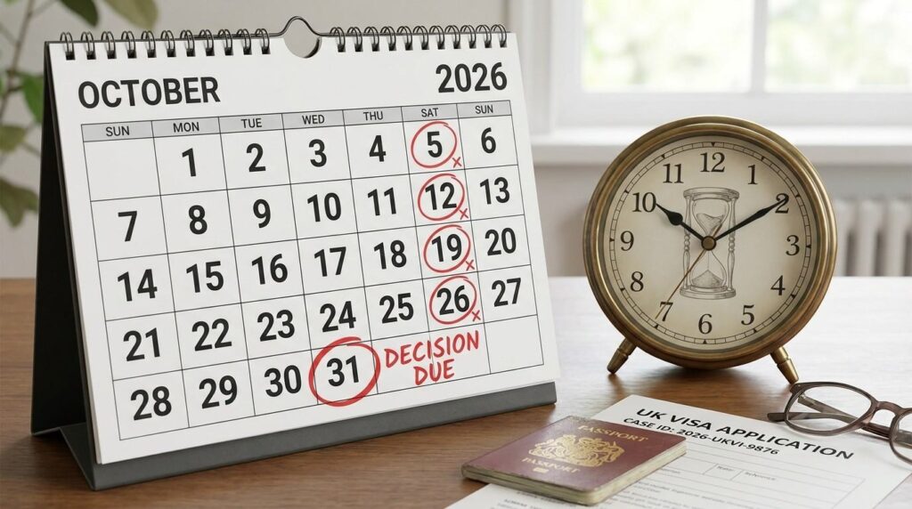 Calendar with several dates highlighted, accompanied by a clock, symbolising the waiting period for immigration decisions and ILR processing time.
