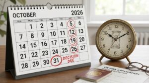 Calendar with several dates highlighted, accompanied by a clock, symbolising the waiting period for immigration decisions and ILR processing time.
