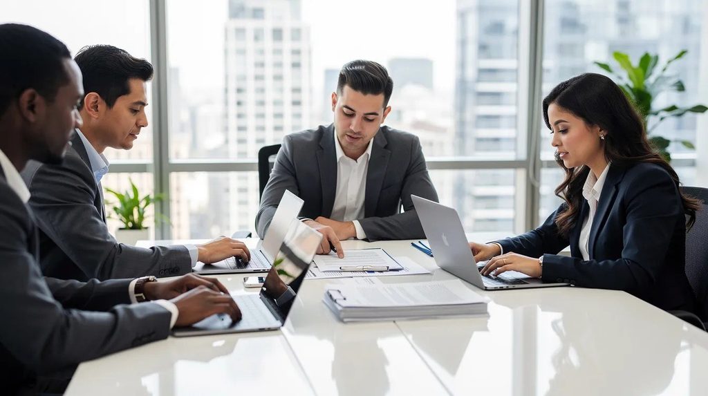 A team of immigration advisers is seated with a business client collaboratively reviewing documents and laptops. They are discussing the sponsor licence application process and ensuring compliance with immigration rules relevant to the client's needs.