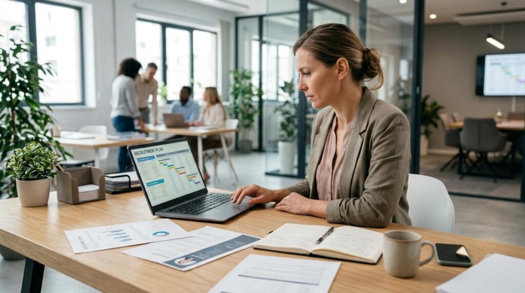 HR manager reviewing recruitment plans and workforce requirements on a laptop in a modern UK office, illustrating how employers estimate their Certificate of Sponsorship allocation based on upcoming vacancies and sponsored worker requirements.