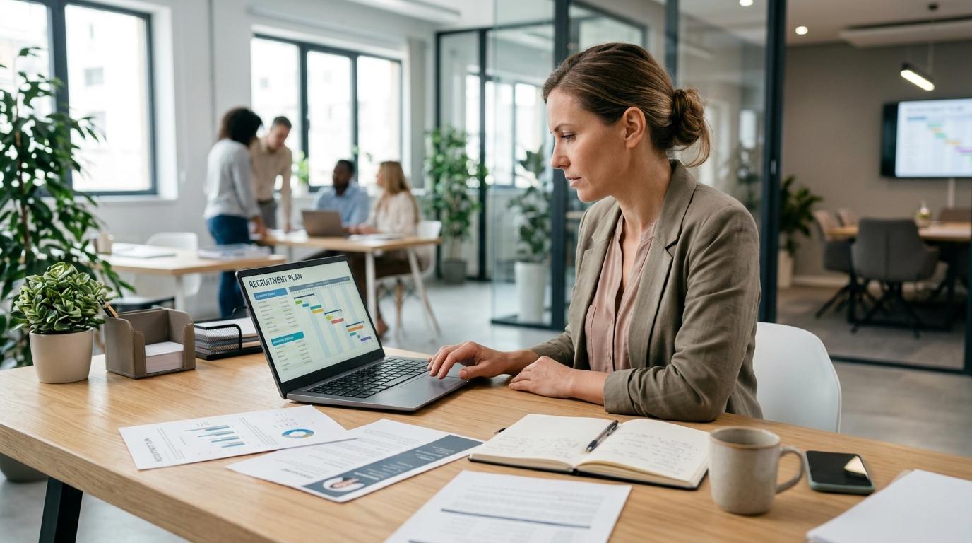HR manager reviewing recruitment plans and workforce requirements on a laptop in a modern UK office, illustrating how employers estimate their Certificate of Sponsorship allocation based on upcoming vacancies and sponsored worker requirements.