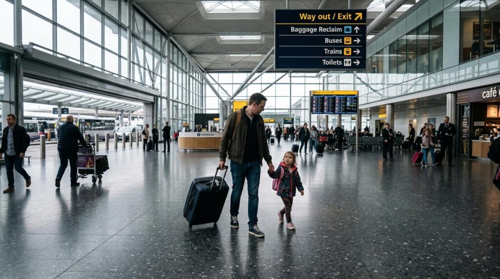 Parent and child arriving at a UK airport on child dependent visa after travelling together as a dependant family.