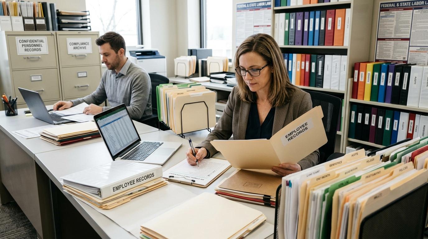 HR compliance officer checking organised employee records and sponsorship documents at an office desk, illustrating how UK sponsor licence holders maintain accurate records, monitor sponsored workers and meet Home Office compliance responsibilities after assigning Certificates of Sponsorship.