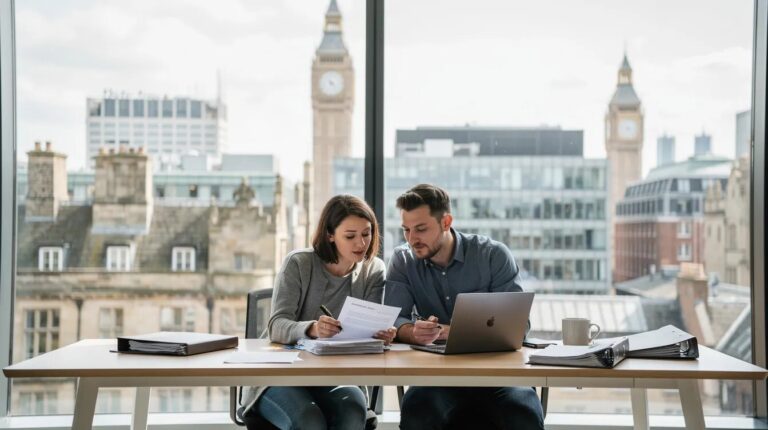A couple is closely reviewing paperwork related to their immigration status and FLR (m) application requirements, with a UK city skyline visible through the window behind them.