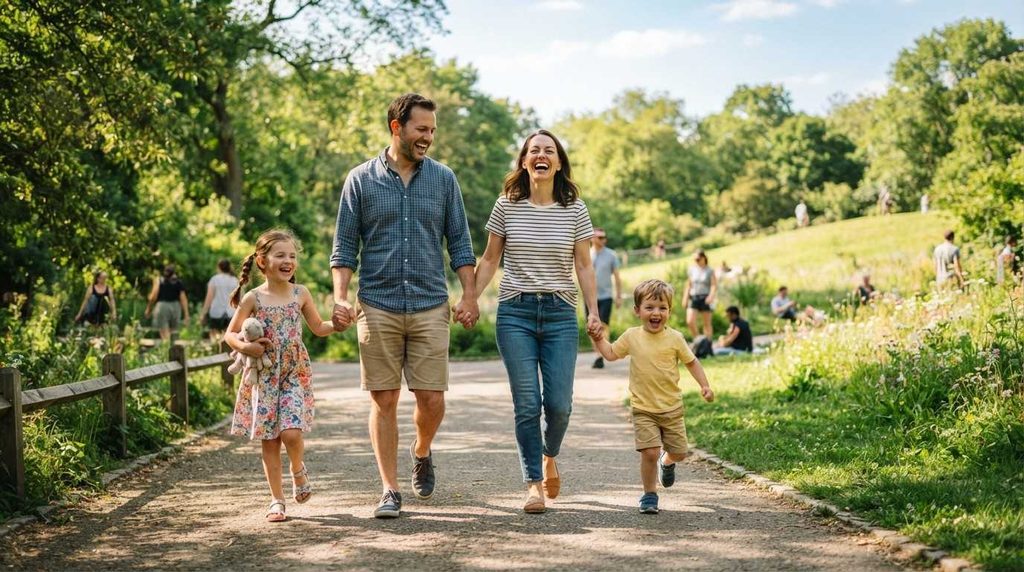  A cheerful family enjoying a sunny day outdoors, symbolising the successful outcome of a spouse visa extension and the stability it brings to family life in the UK.