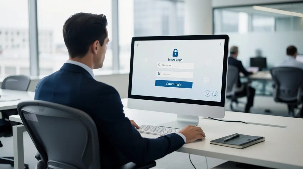 An authorising officer sits at a desk in a corporate office, focused on a computer displaying a secure login screen related to a sponsorship management system. 